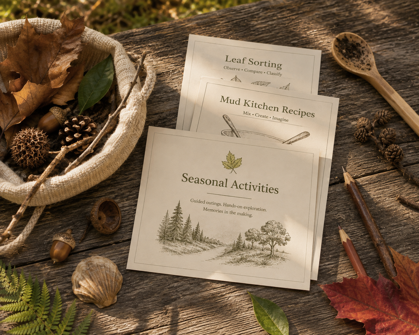 Seasonal Activities printables spread on a rustic wooden table with leaves, acorns, pinecones, and pencils