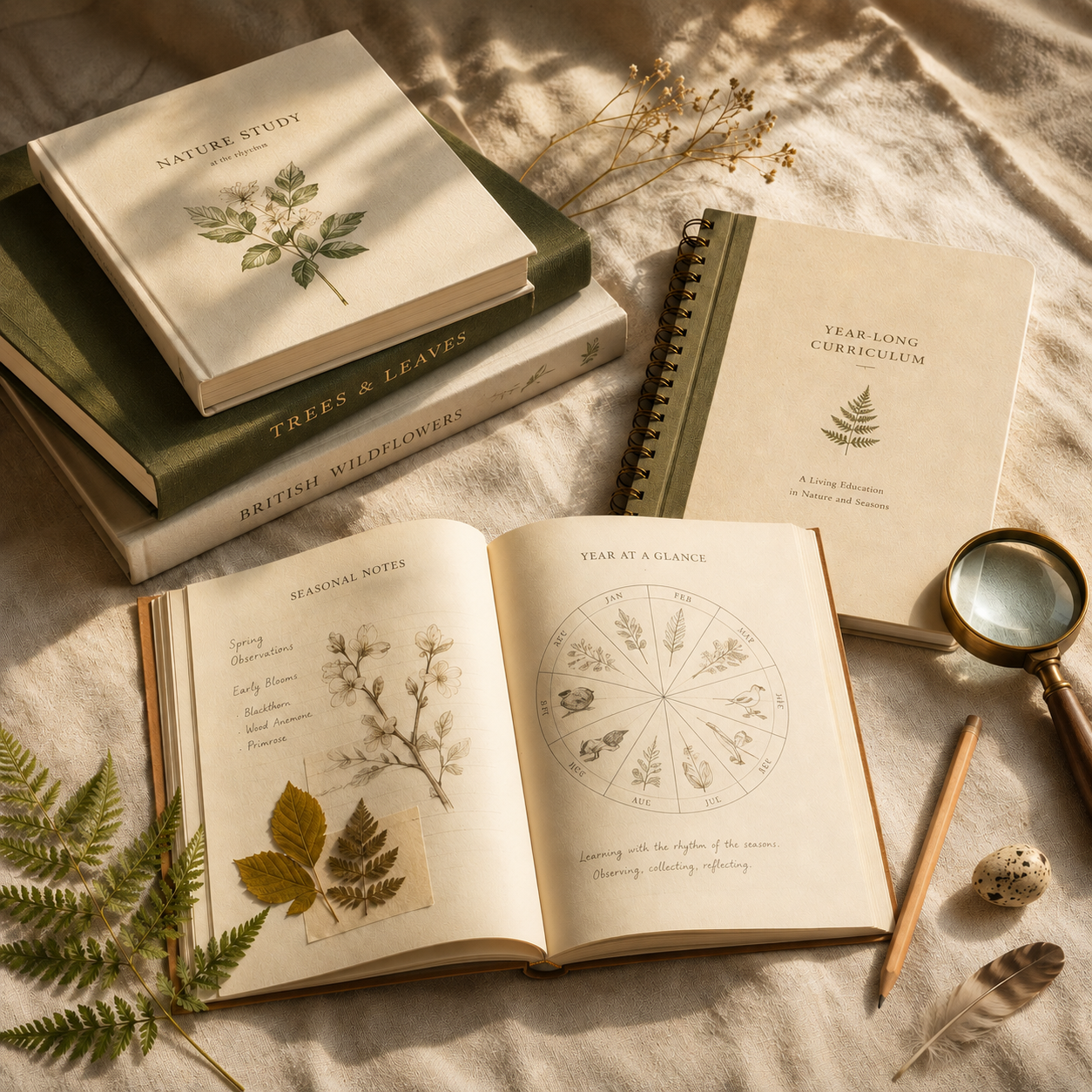 An open nature journal with a pressed fern, a simple leaf sketch, a wooden pencil, and a small magnifying glass