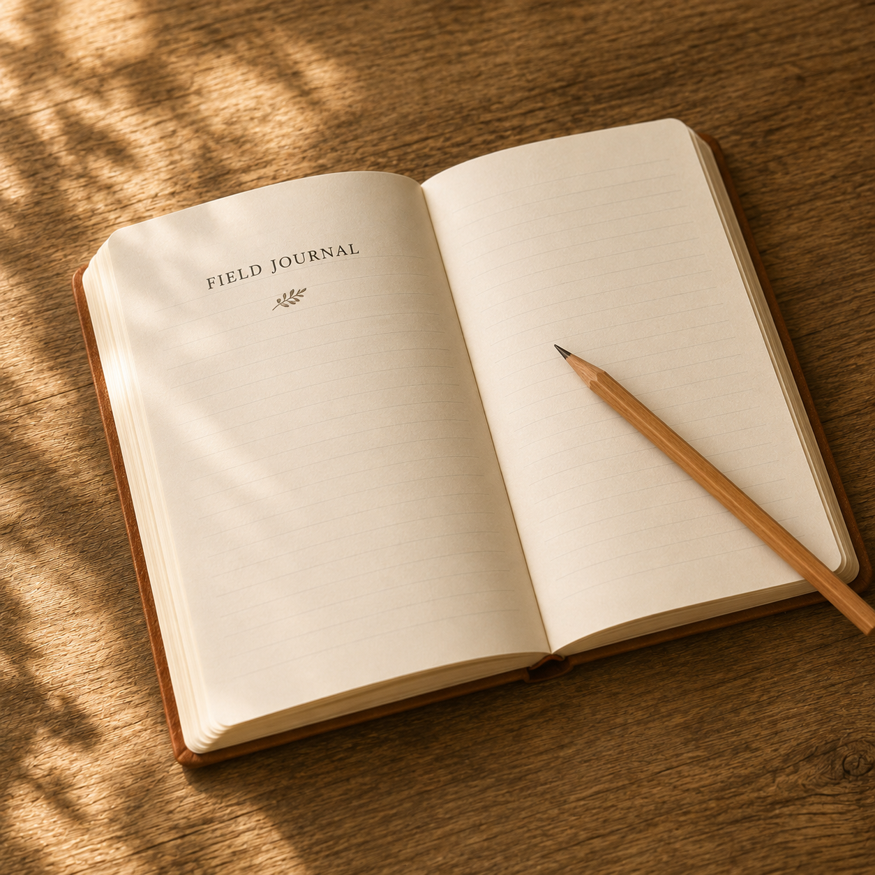 An open family nature journal with handwritten notes, a leaf sketch, a pressed flower, and collected acorns in warm sunlight