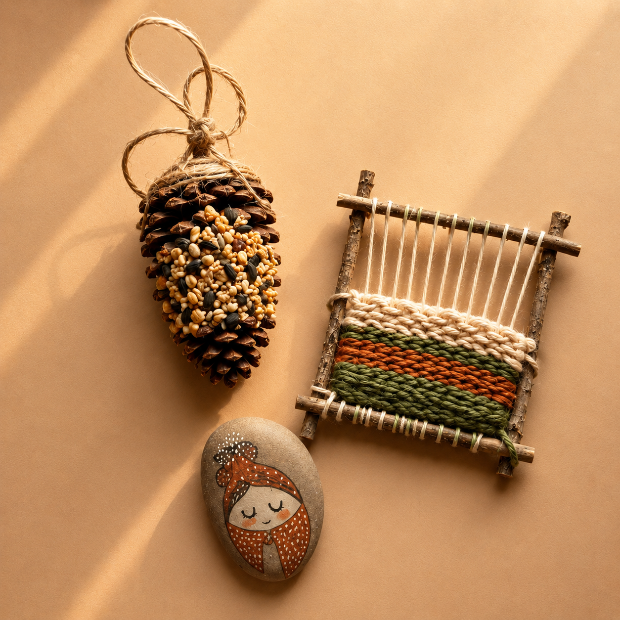 A pinecone bird feeder, a twig-and-yarn weaving, and a painted story stone arranged on warm parchment