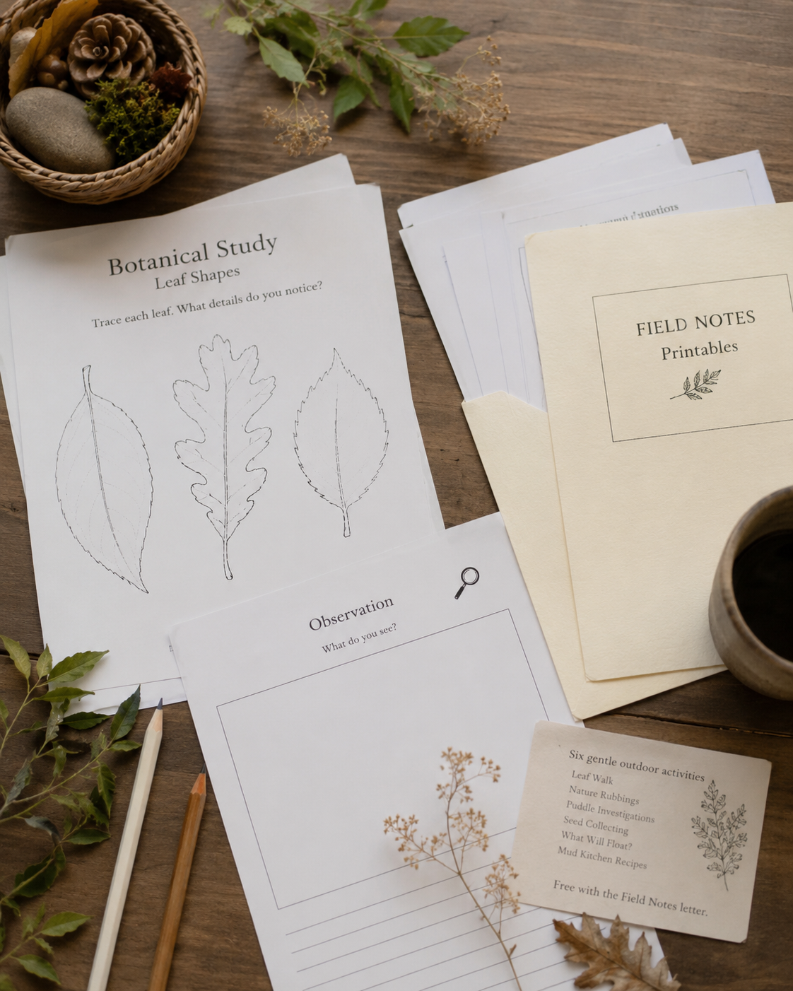 Botanical study and observation printables spread on a wooden table with pencils, dried leaves, and a Field Notes card
